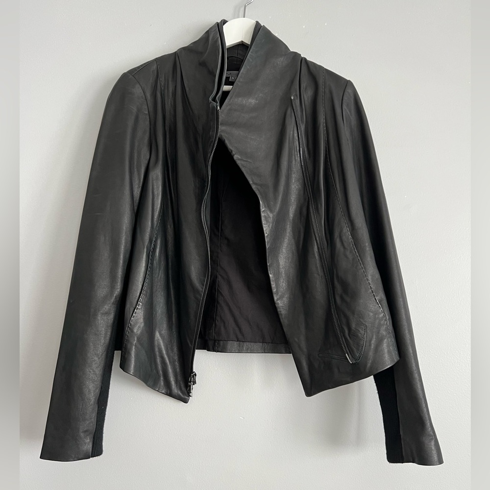 Vince Scuba Leather & Stretch Wool Panel Black Motto Jacket Womens L 8 - Picture 10 of 17